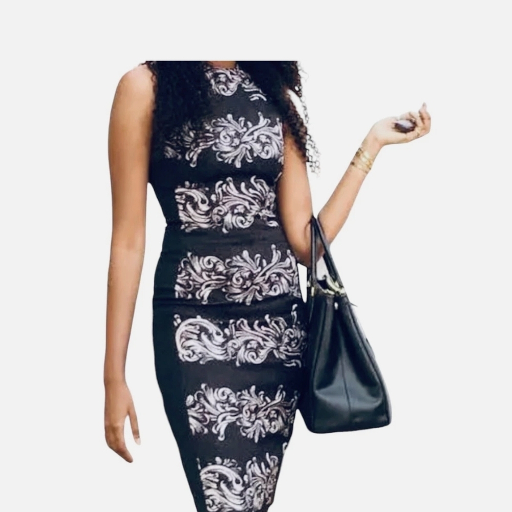H&M Black and White Baroque Midi Dress